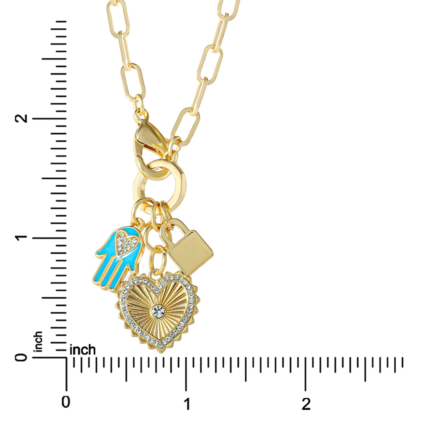 Jessica Simpson Womens Triple Charm Necklace 17" - Gold-Tone Necklace with Lock Charm and Heart Charms
