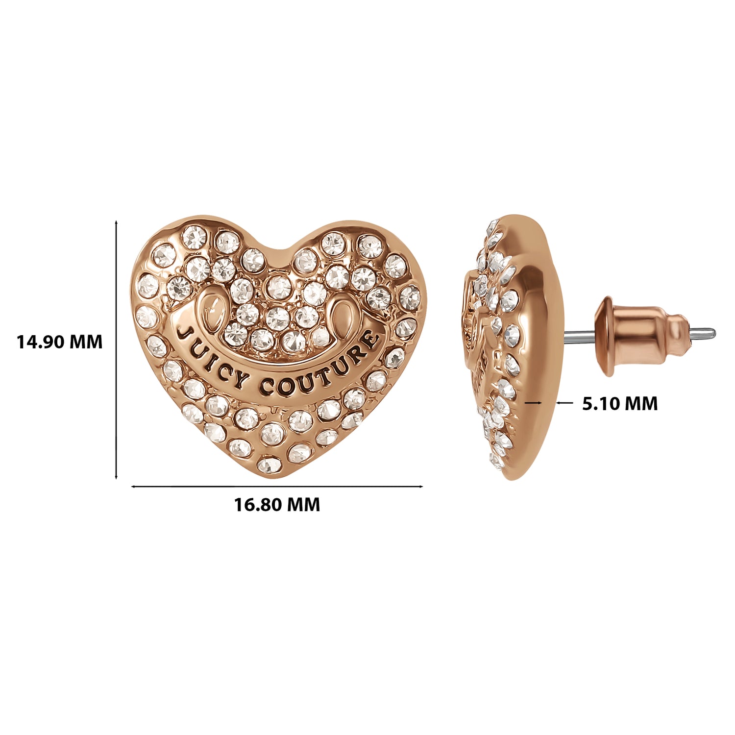 Juicy Couture Logo Heart Stud Earrings for Women with Clear Stones, Juicy Couture Earrings Gold Tone