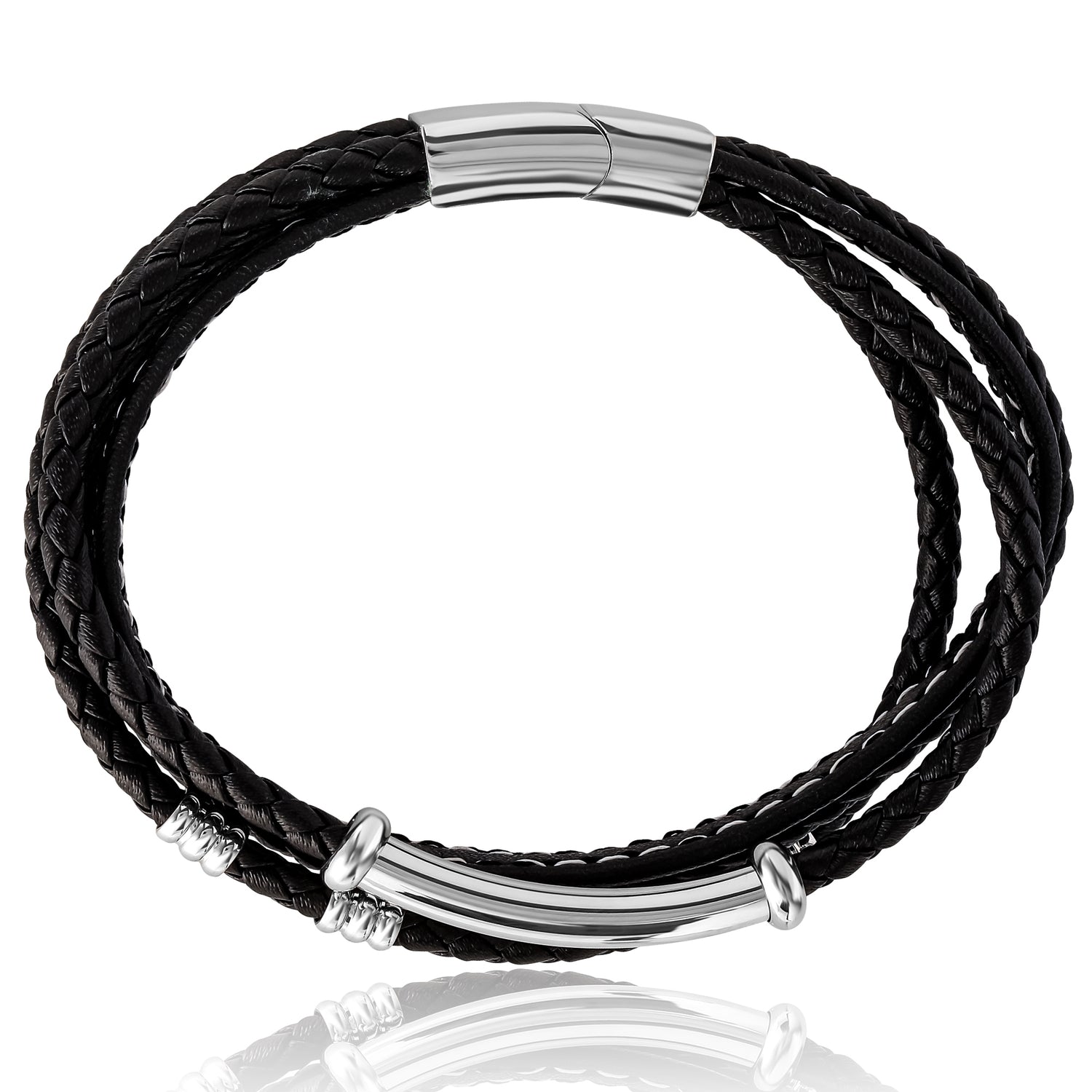 Stainless Steel Triple Row Black Cord Bracelet - 8.25" - Polished Stainless Steel Finish
