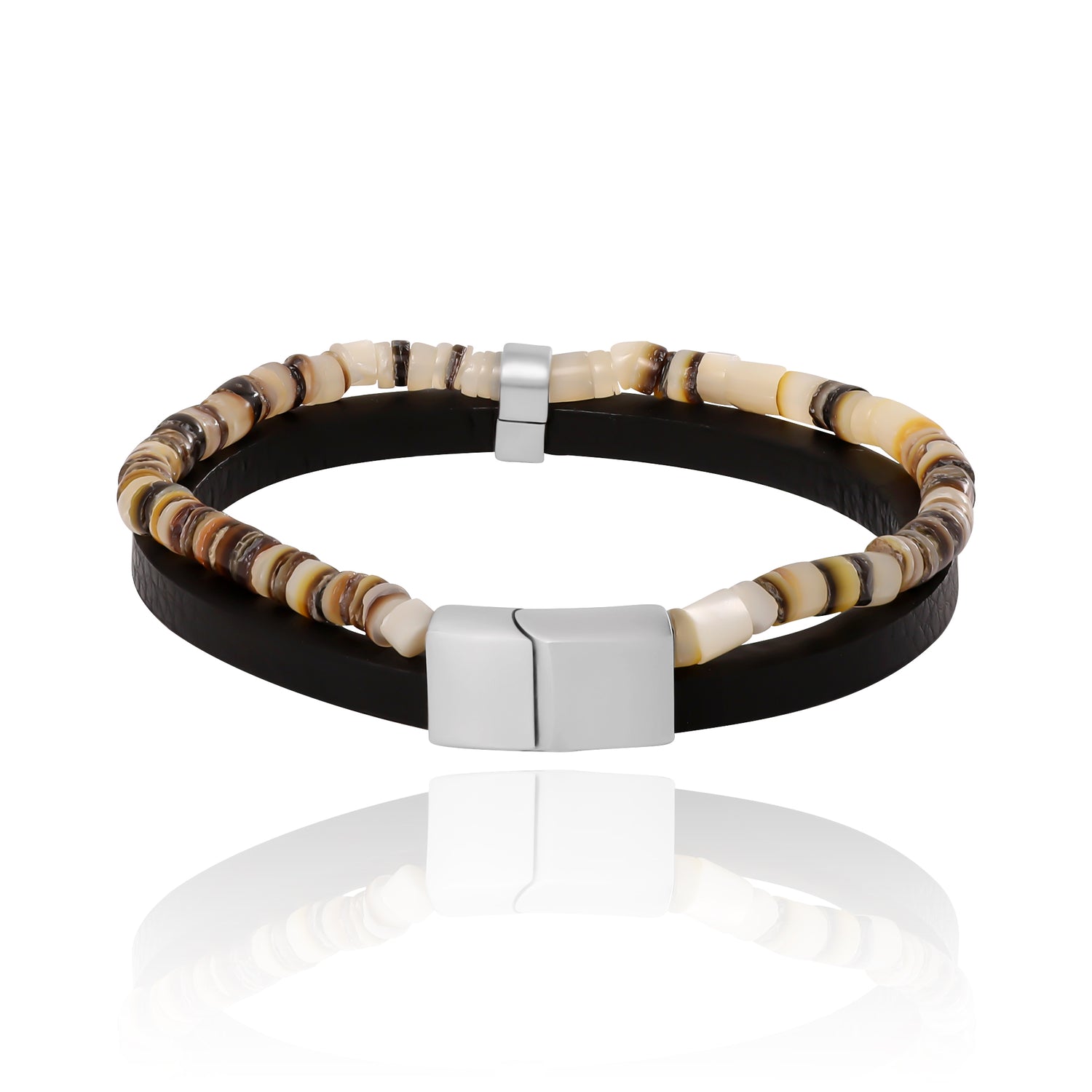 Lucky Brand Mens Layered Bracelet with Wood Beads and Strap