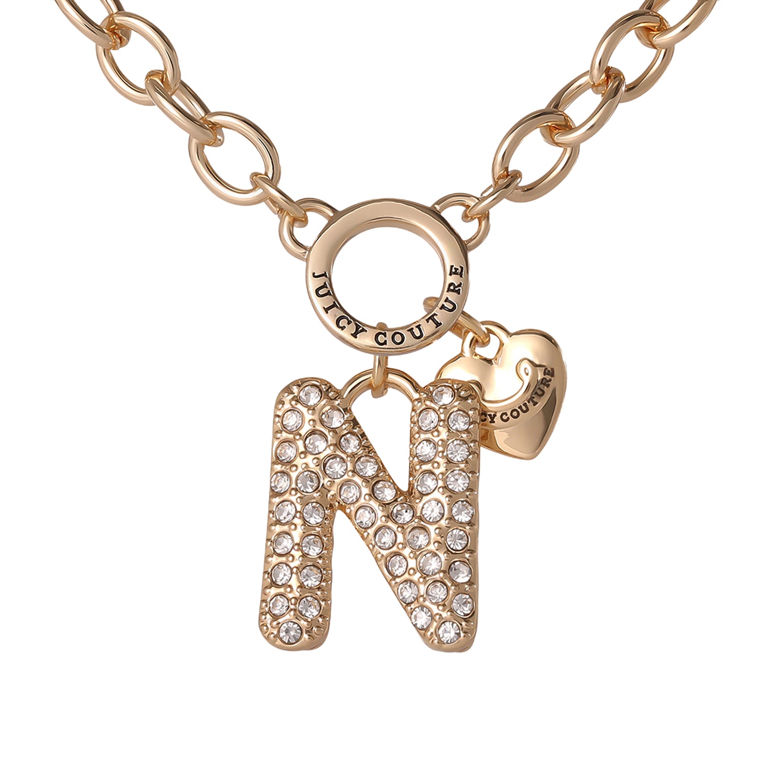 Juicy Couture Bubble Letter Necklace for Women with Clear Stones 18"+2", Chunky Initial Necklace Gold-Tone - N
