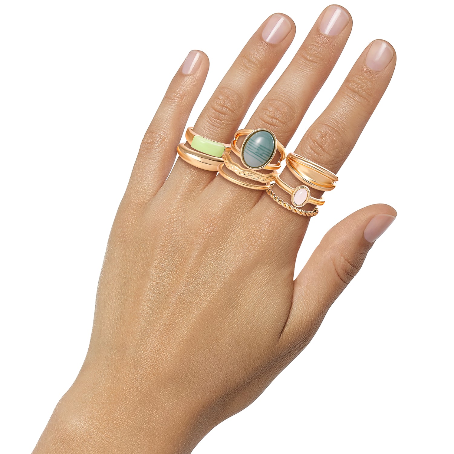 Jessica Simpson Gold-Tone 8-Piece Stacking Ring Set with Green Stone Accents - Size 7