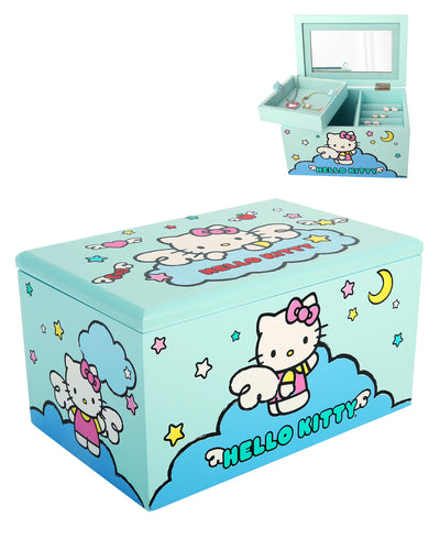 Hello Kitty Jewelry Box with Tray and Storage Official License, Blue Jewelry Box, Wood Jewelry Organizer, Sanrio Gifts (Blue)