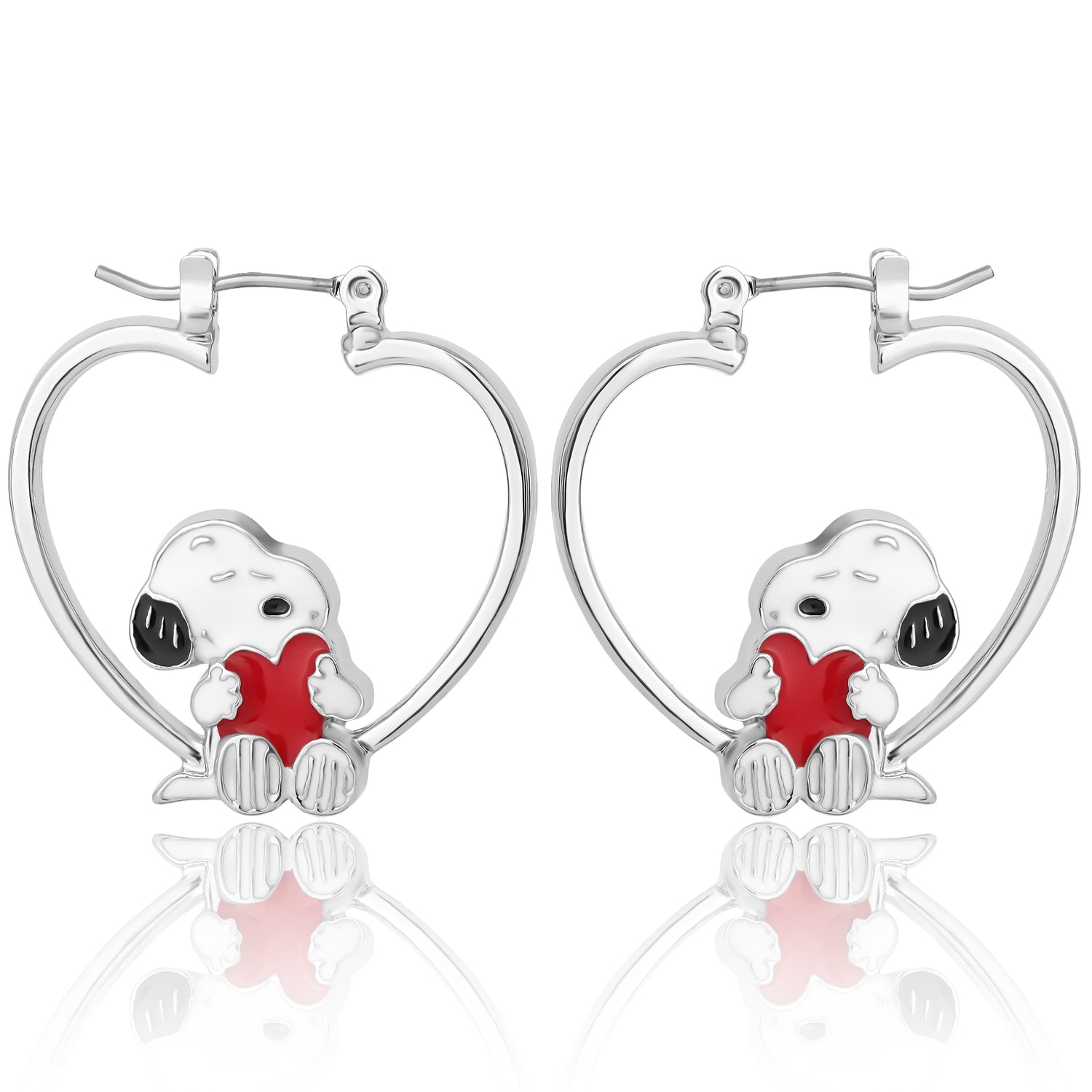 Peanuts Snoopy Heart Hoop Earrings, Silver-Tone with Red Enamel