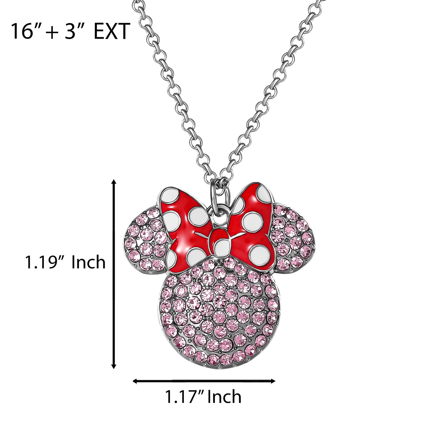 Disney Minnie Mouse Necklace for Women Official License, 16"+3" Pave Pink Crystal Minnie Necklace with Red Bow, Jewelry - Pink