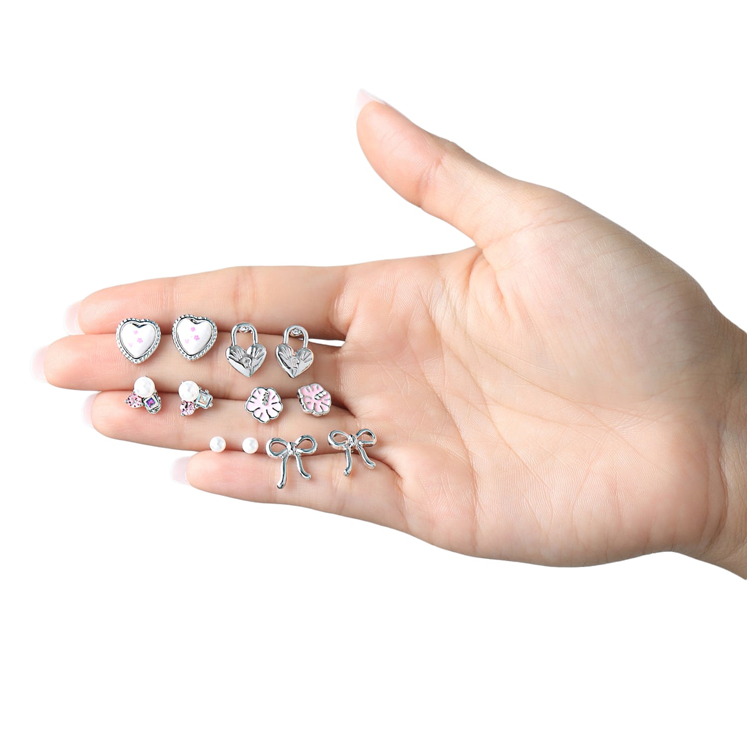 Celebrity Pink Bow and Heart Stud Earrings Pack of 6, Silver Tone