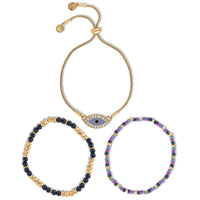 Jessica Simpson Multi-Color Beaded Bracelet Set with Evil Eye Charm - Boho Chic Stackable Bracelets