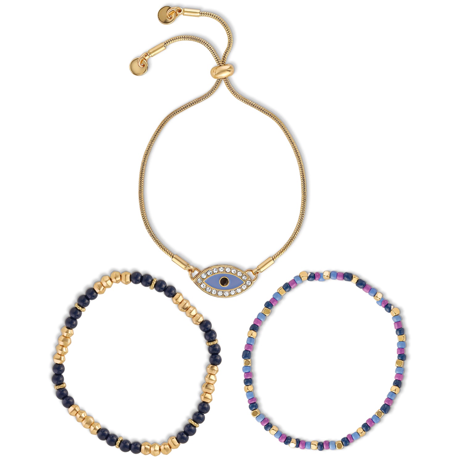 Jessica Simpson Multi-Color Beaded Bracelet Set with Evil Eye Charm - Boho Chic Stackable Bracelets