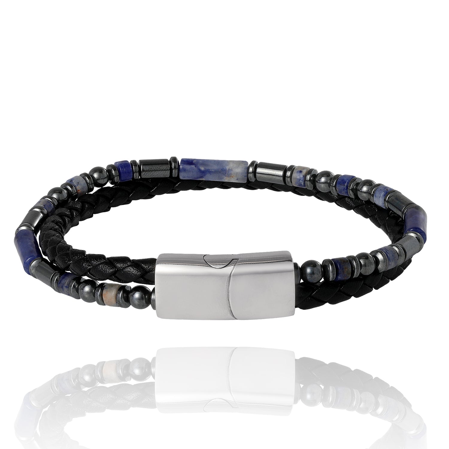 Lucky Brand Men’s Braided Leather & Sodalite Bead 8.5'' Bracelet, Black/Blue, Magnetic Clasp