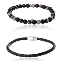 Lucky Brand Matte Black Onyx, Snowflake Obsidian Stretch Bead & Magnetic Cord Bracelet Set - 2 Piece
