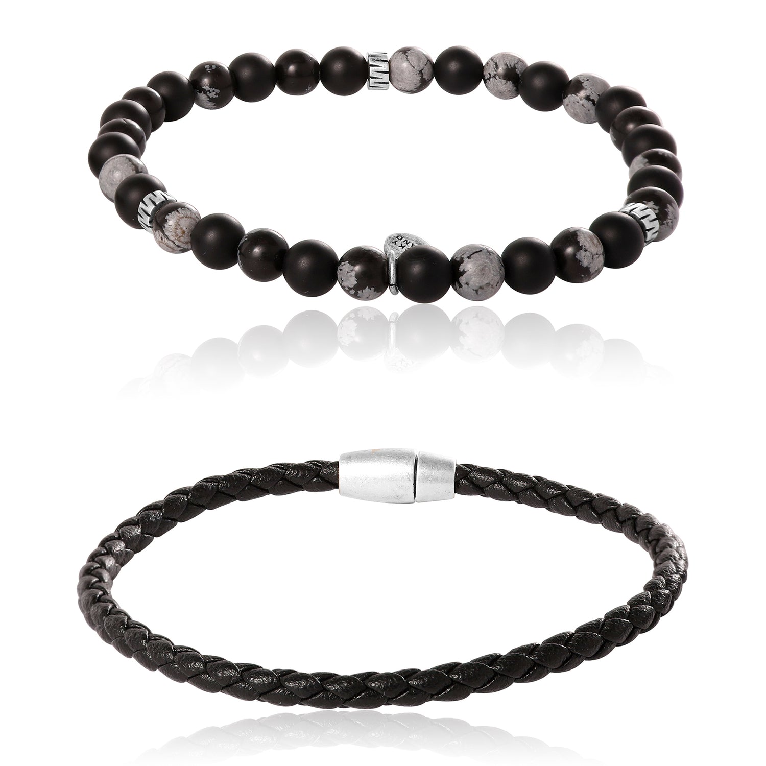 Lucky Brand Matte Black Onyx, Snowflake Obsidian Stretch Bead & Magnetic Cord Bracelet Set - 2 Piece
