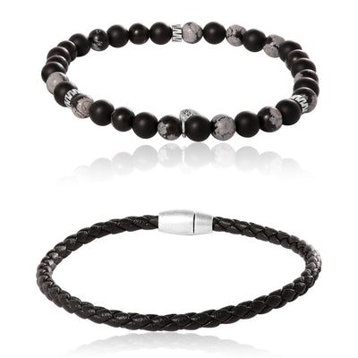 Lucky Brand Matte Black Onyx, Snowflake Obsidian Stretch Bead & Magnetic Cord Bracelet Set - 2 Piece