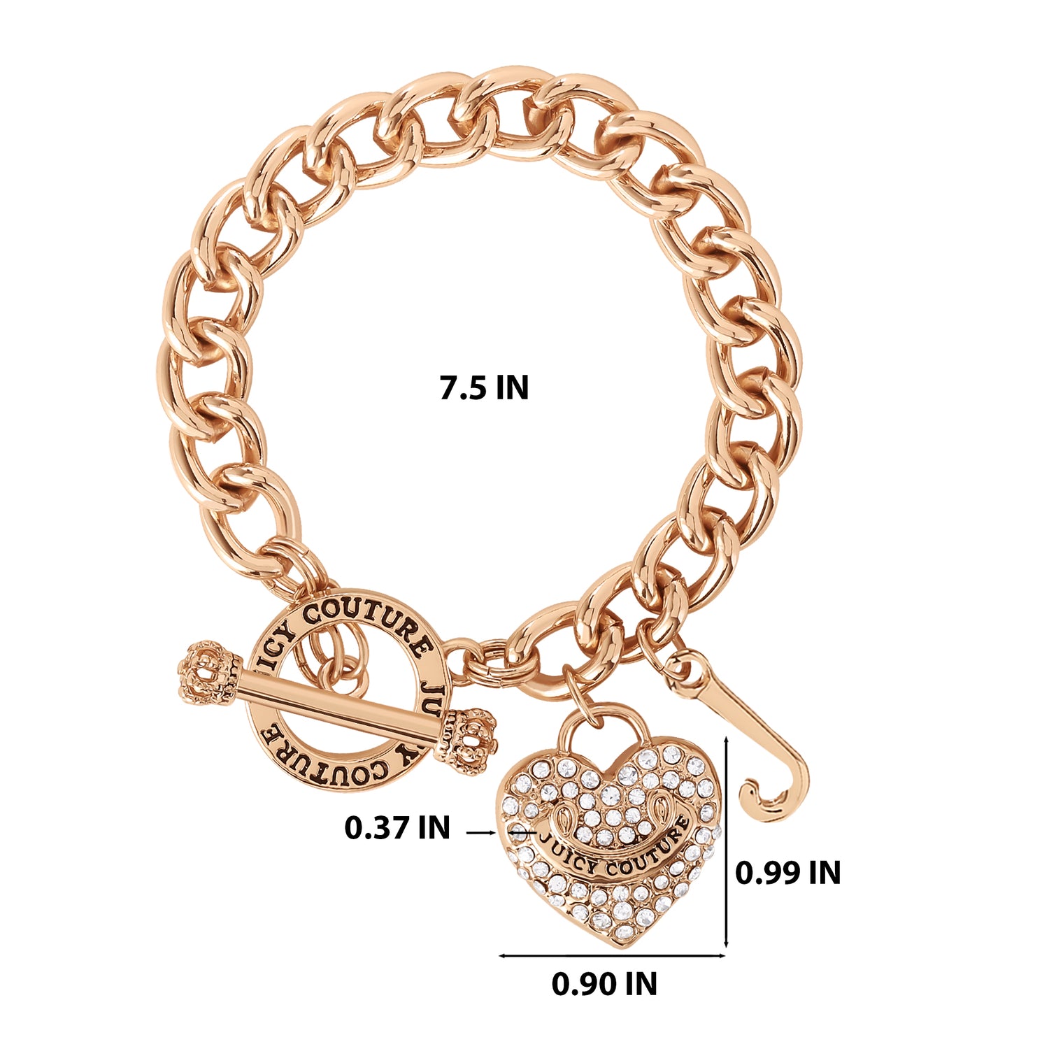 Juicy Couture Bracelet 7.5", Goldtone Toggle Bracelets for Women with Clear Stone Heart Charm