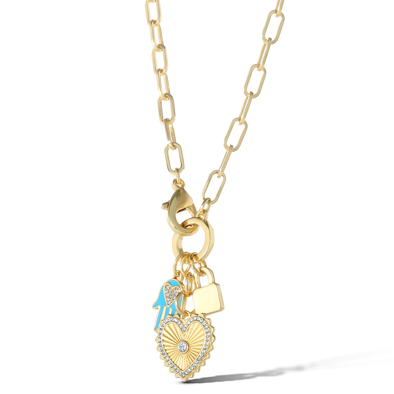 Jessica Simpson Womens Triple Charm Necklace 17" - Gold-Tone Necklace with Lock Charm and Heart Charms