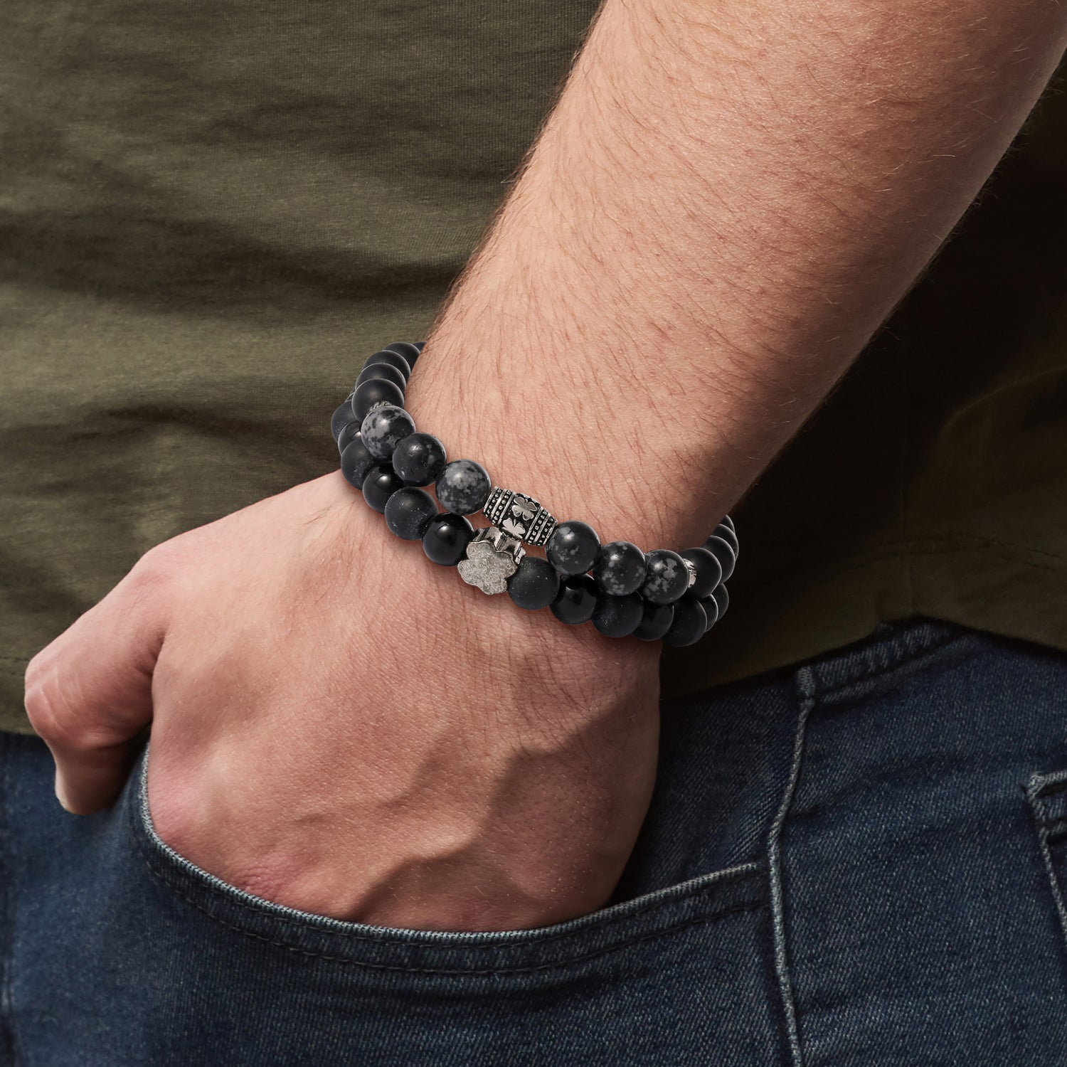 SALLY ROSE Lucky Brand Mens Beaded Black Bracelet 2 Pieces, Stretch Mens Bracelets Beads 8mm Black Onyx and Green Malachite