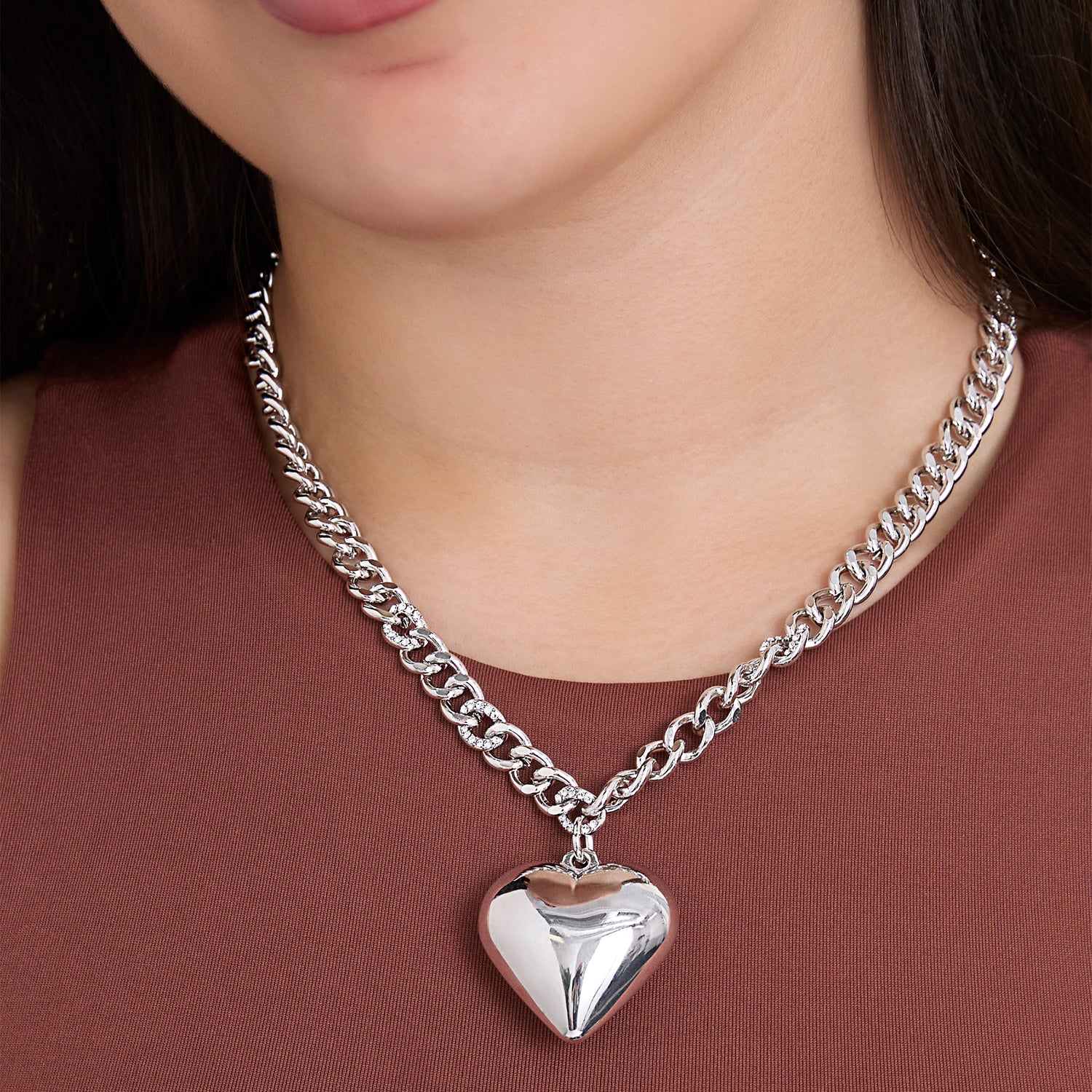 Jessica Simpson Silver-Tone Chunky Heart Pendant Chain Necklace