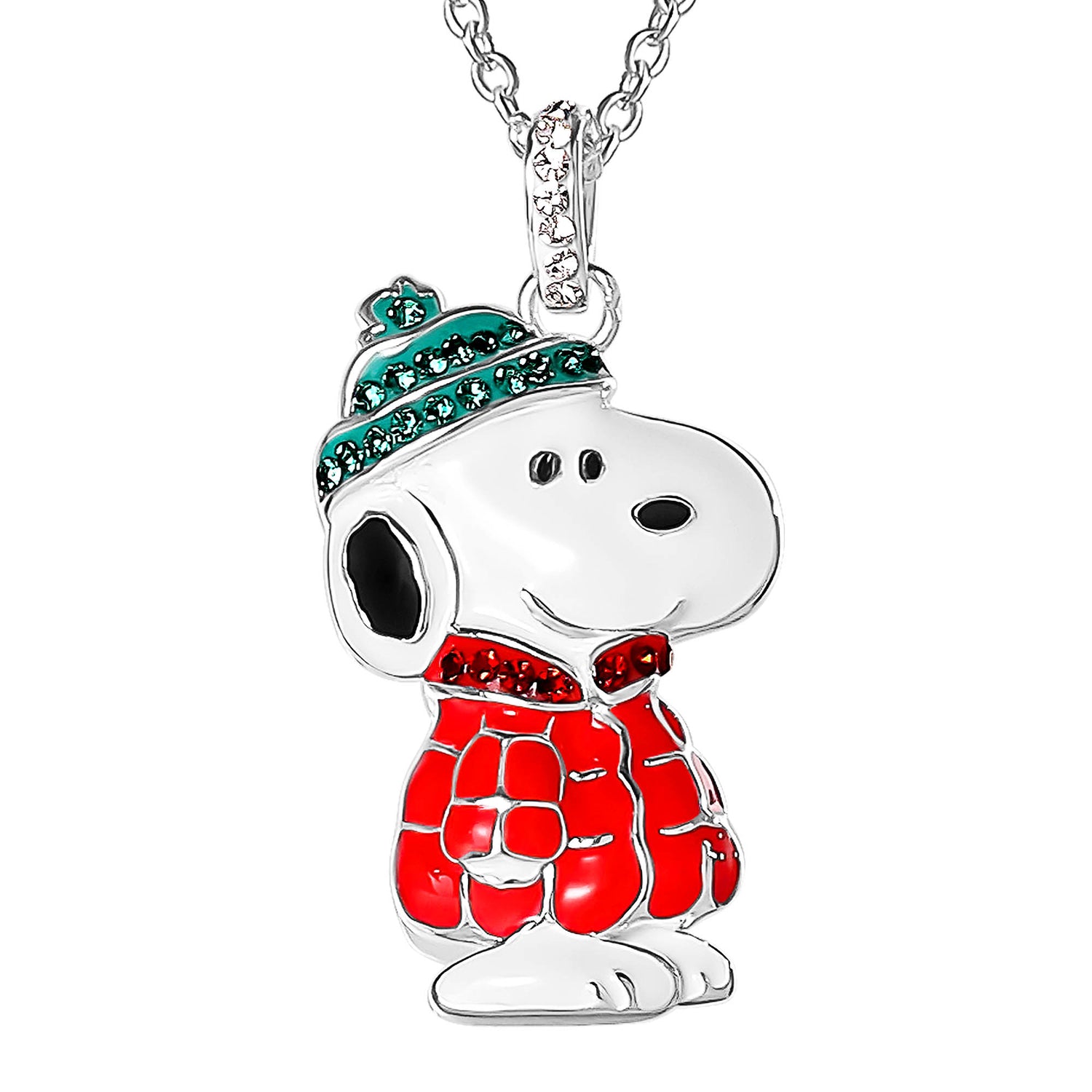 SALLY ROSE Peanuts Snoopy Pendant Necklace with Crystals, 16"+2" Silver Flash-Plated Snoopy Necklace for Women Official License