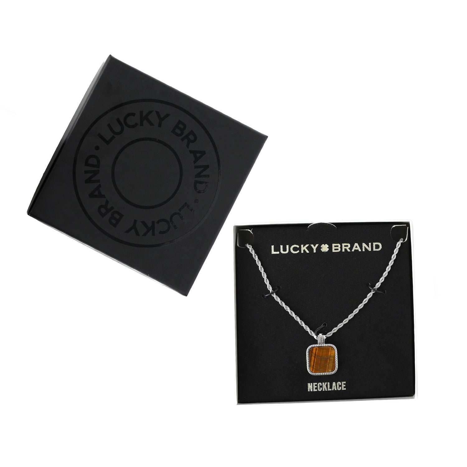 Lucky Brand Mens Stainless Steel Necklace with Tigers Eye Pendant