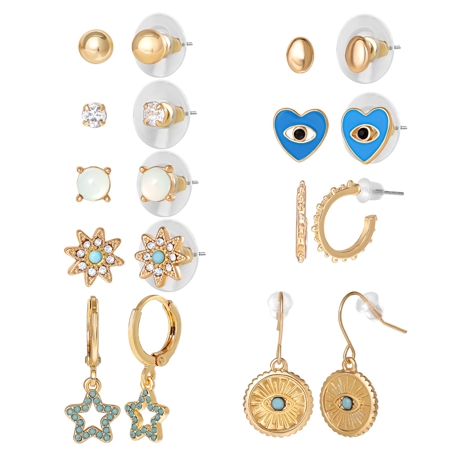 Jessica Simpson Gold-Tone Evil-Eye, Heart & Star Stud & Hoop Earring Set, 9 Pairs