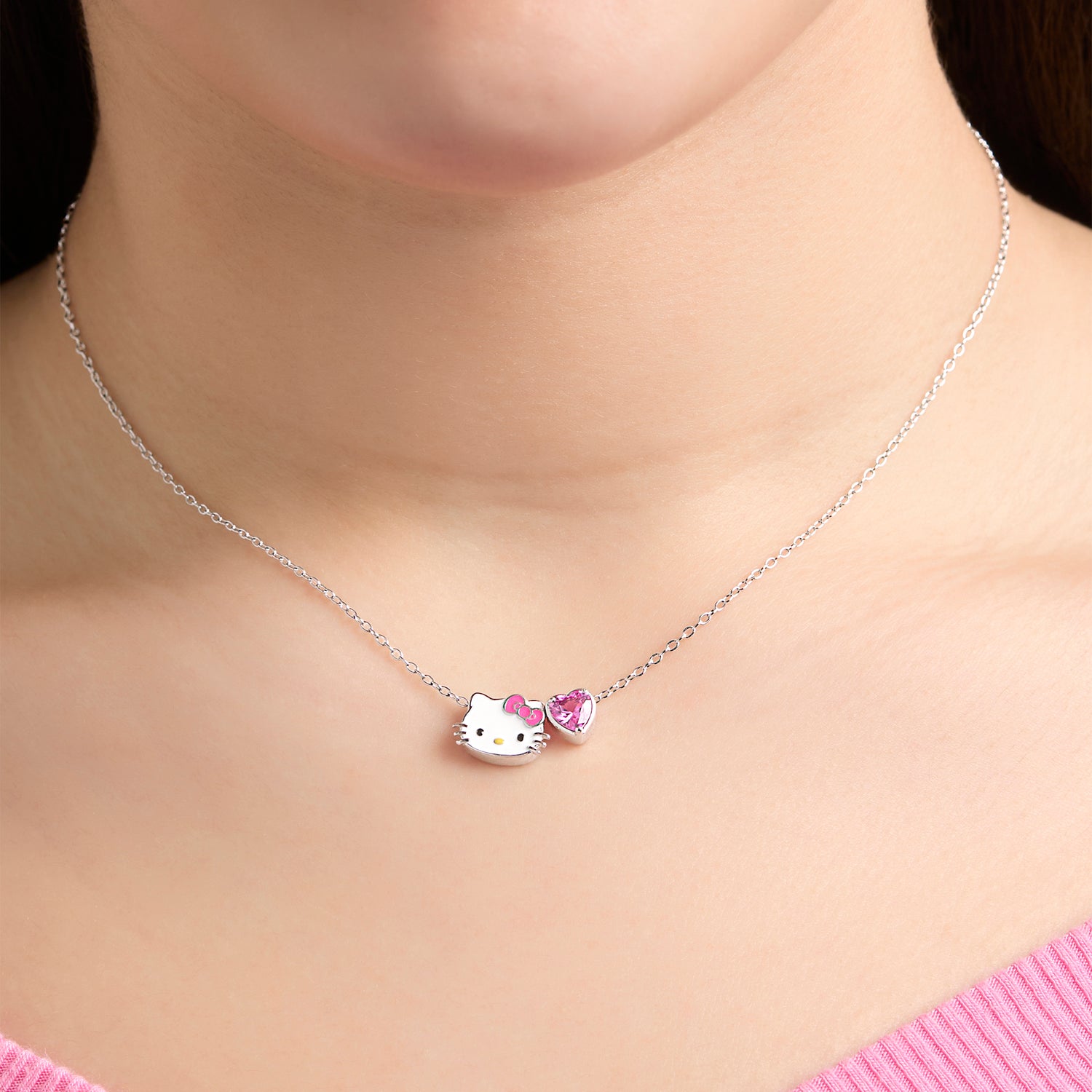 Sanrio Hello Kitty and Pink Heart Pendant Necklace in Silver-Tone