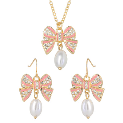 Celebrity Pink Pearl and Bow Jewelry Set with Necklace and Drop Earrings