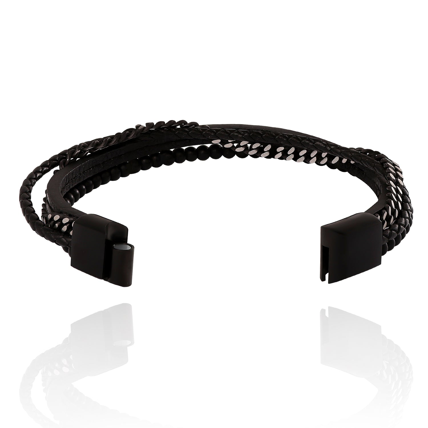Lucky Brand Mens All Black Beaded Layered Bracelet with Magnetic Clasp