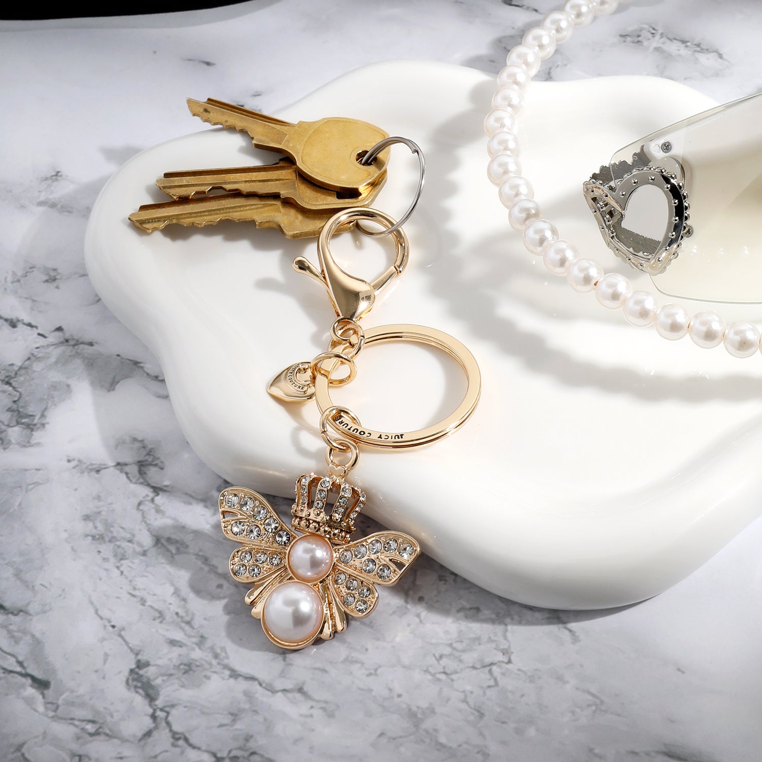 Juicy Couture Queen Bee Keychain With Rhinestones and Faux Pearls, Bee Gifts for Women