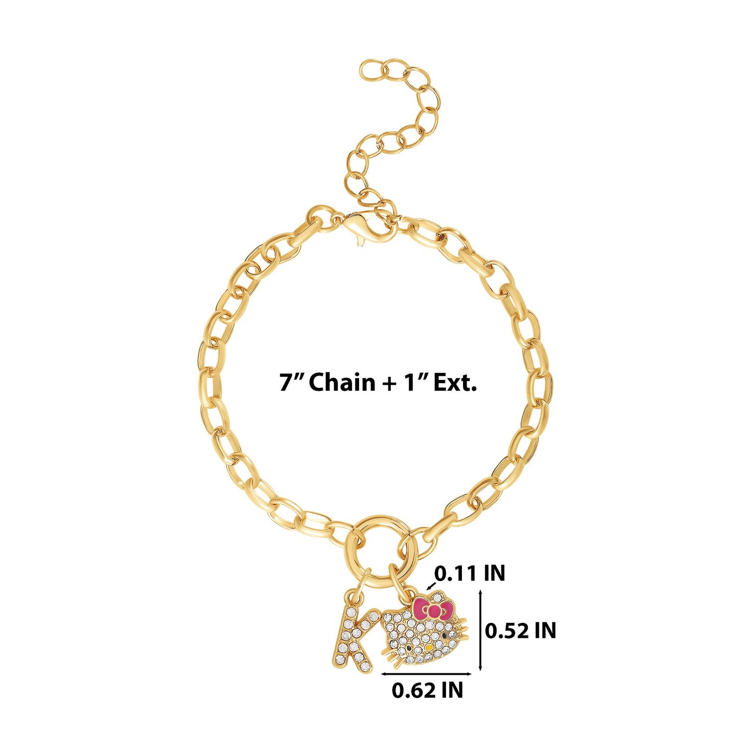 Hello Kitty Initial Crystal Charm Bracelet, Gold‑Tone, Adjustable - K