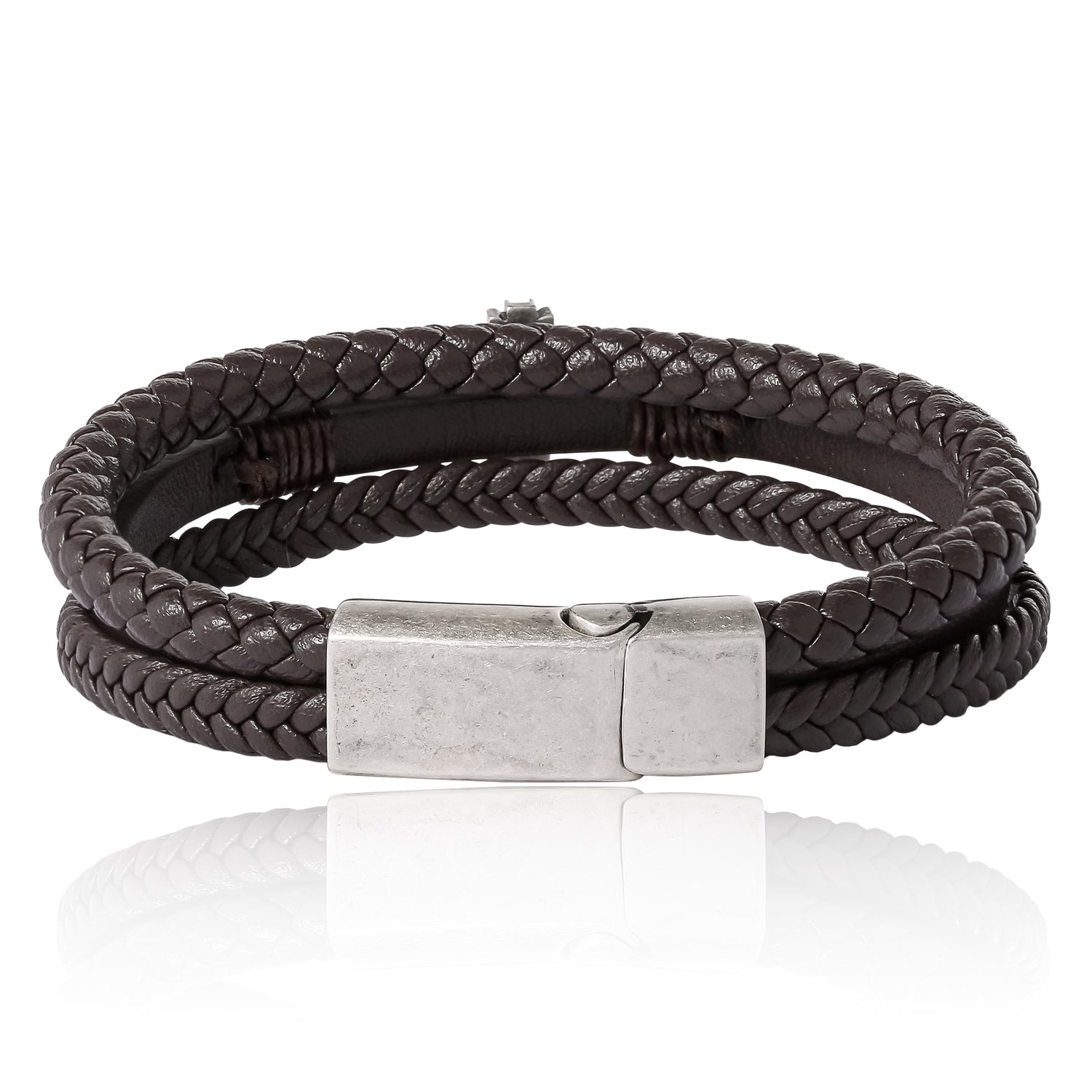 Lucky Brand Textured Cross Triple Row Brown Bracelet for Men 8.5", Antique Silver Flash-Plated, Cross Jewelry