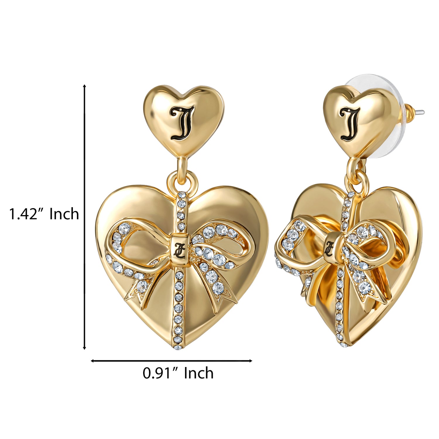 Juicy Couture Quilted Double‑Heart Drop Earrings, Gold‑Tone with Crystal Accents