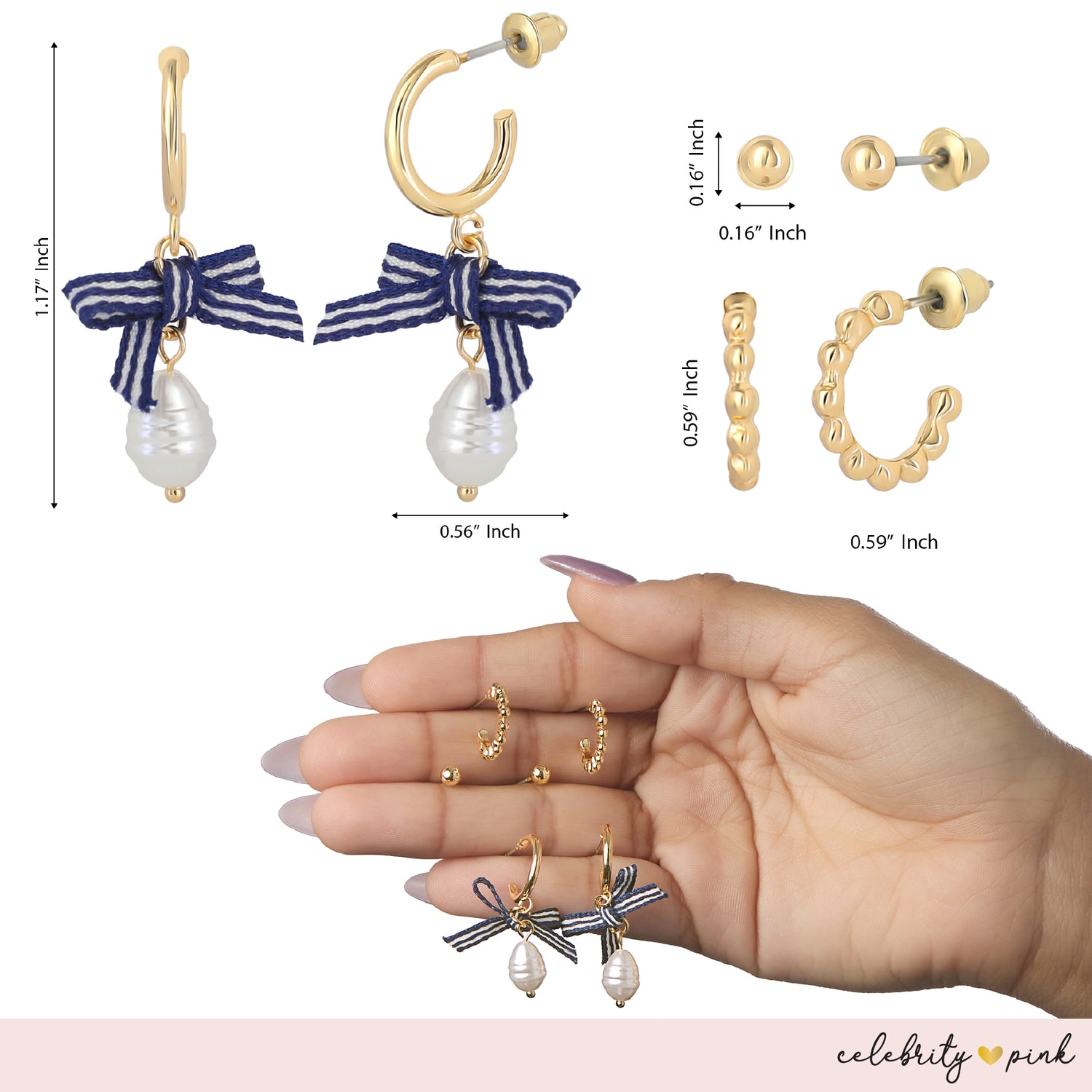 Celebrity Pink Womens Gold-Tone Hoop Earrings and Stud Earring Pack of 6 | 6-Pack, Small Hoops and Stud Earrings, Everyday Gold Jewelry for Women