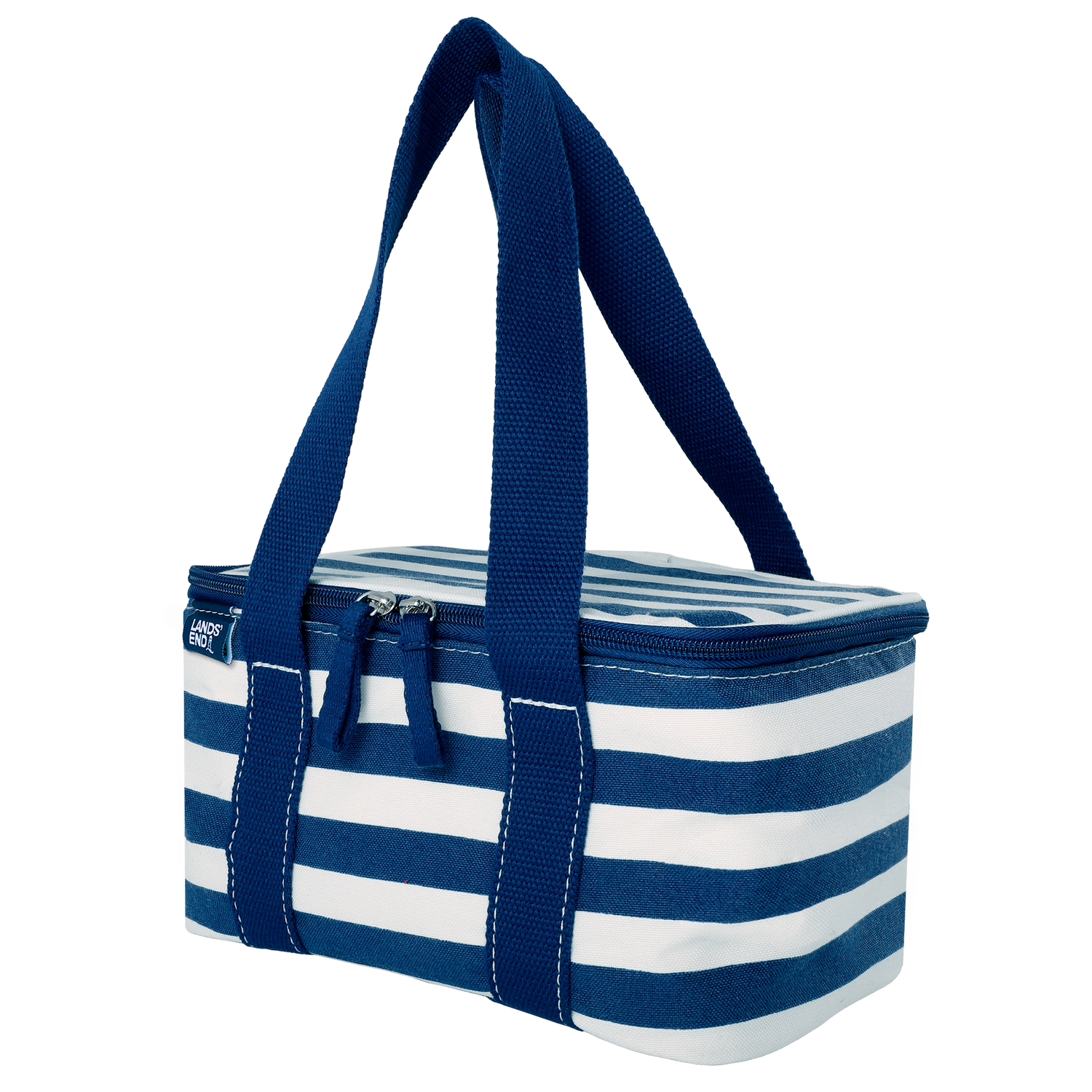 Lands' End Rectangular Small Cooler Bag Insulated 1.5 Gal, Canvas Soft Cooler with Tote Handles and Zip Closure (Navy Stripe) - Navy Stripe