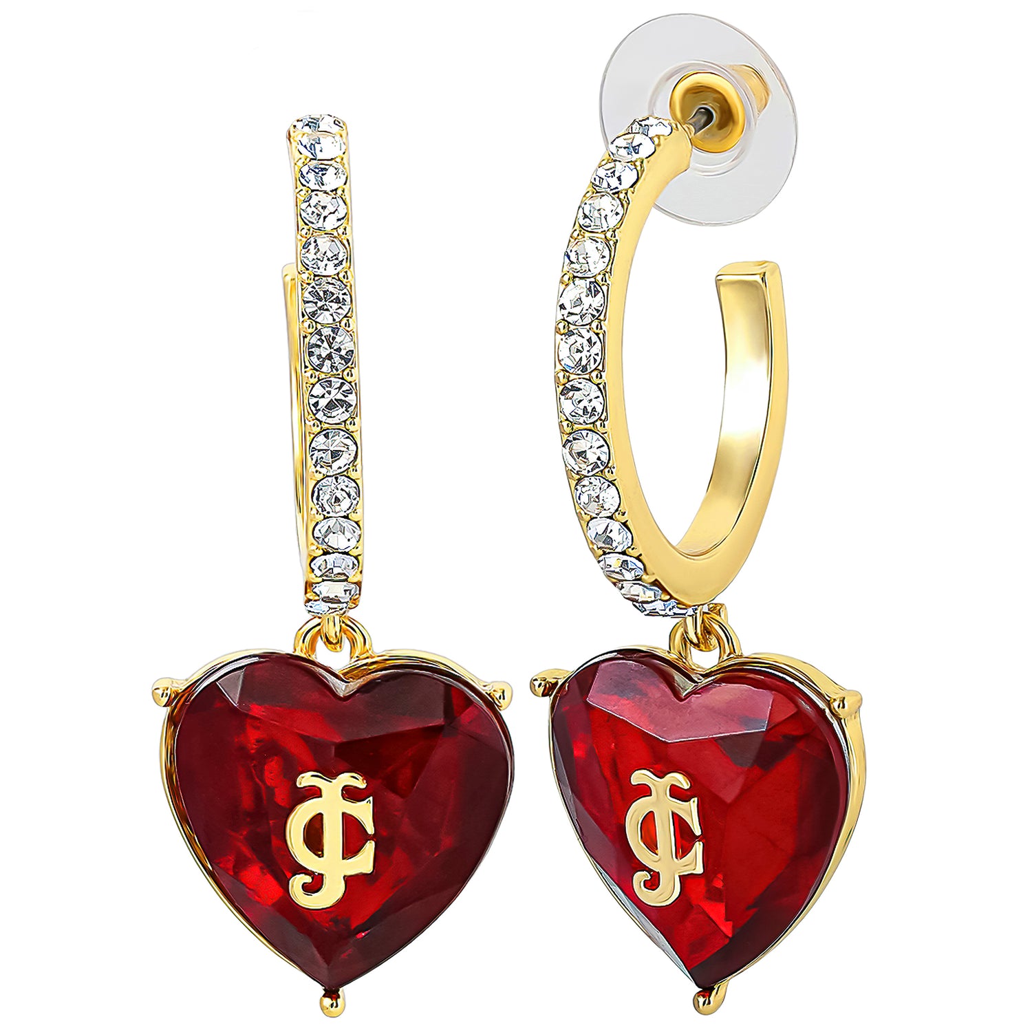 Juicy Couture Heart Charm Hoop Earrings for Women, Colored & Clear Stones - Red