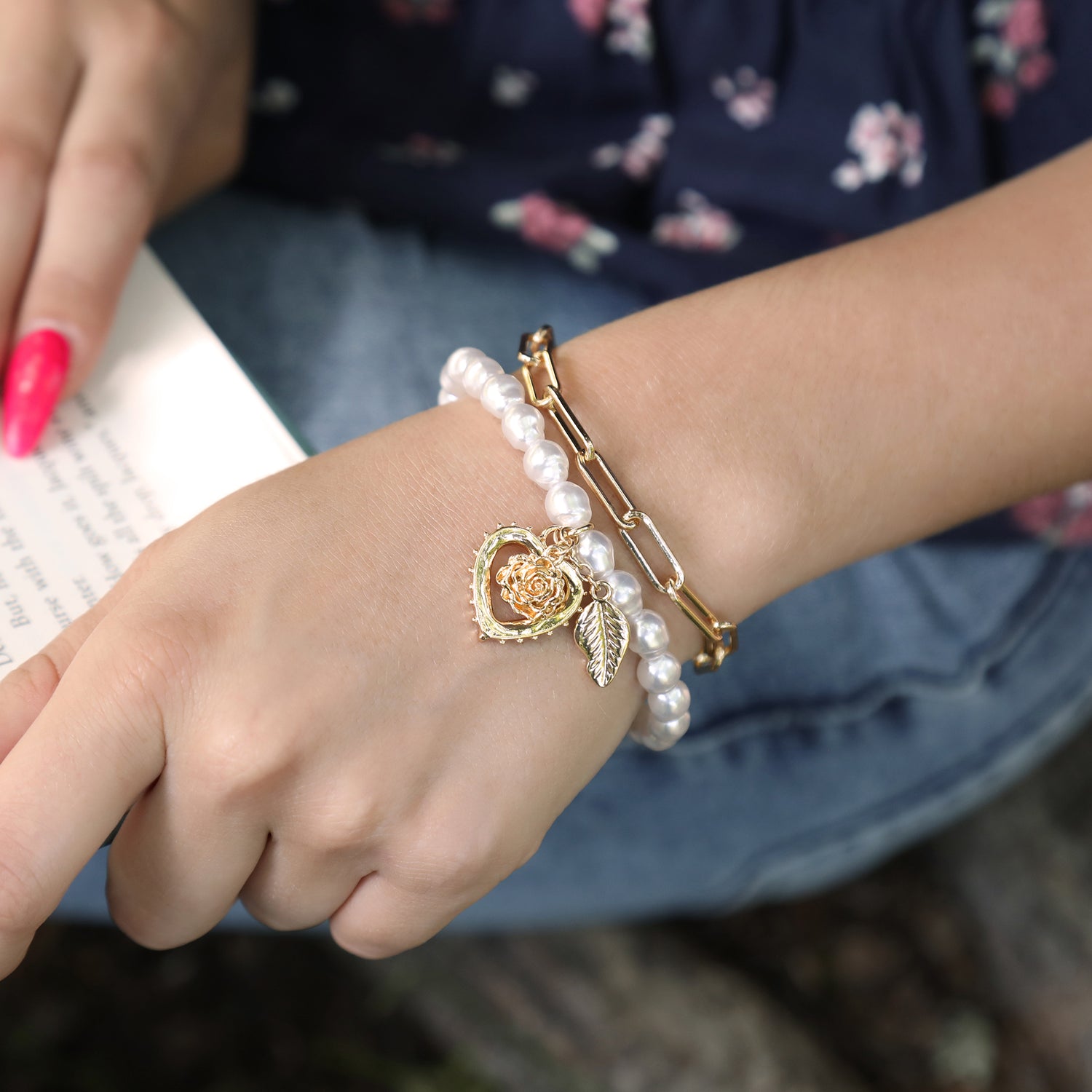 Celebrity Pink Stackable Gold-Tone and Bead Bracelets for Women 5-Piece Set