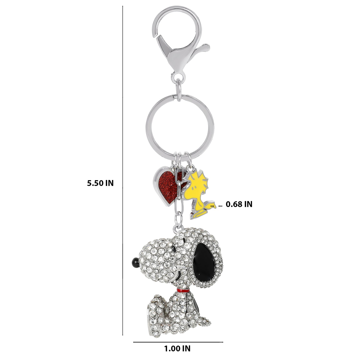 SALLY ROSE Peanuts Cluster Pave Crystal Keychain Official License, Snoopy Bag Charm with Woodstock and Heart Charms