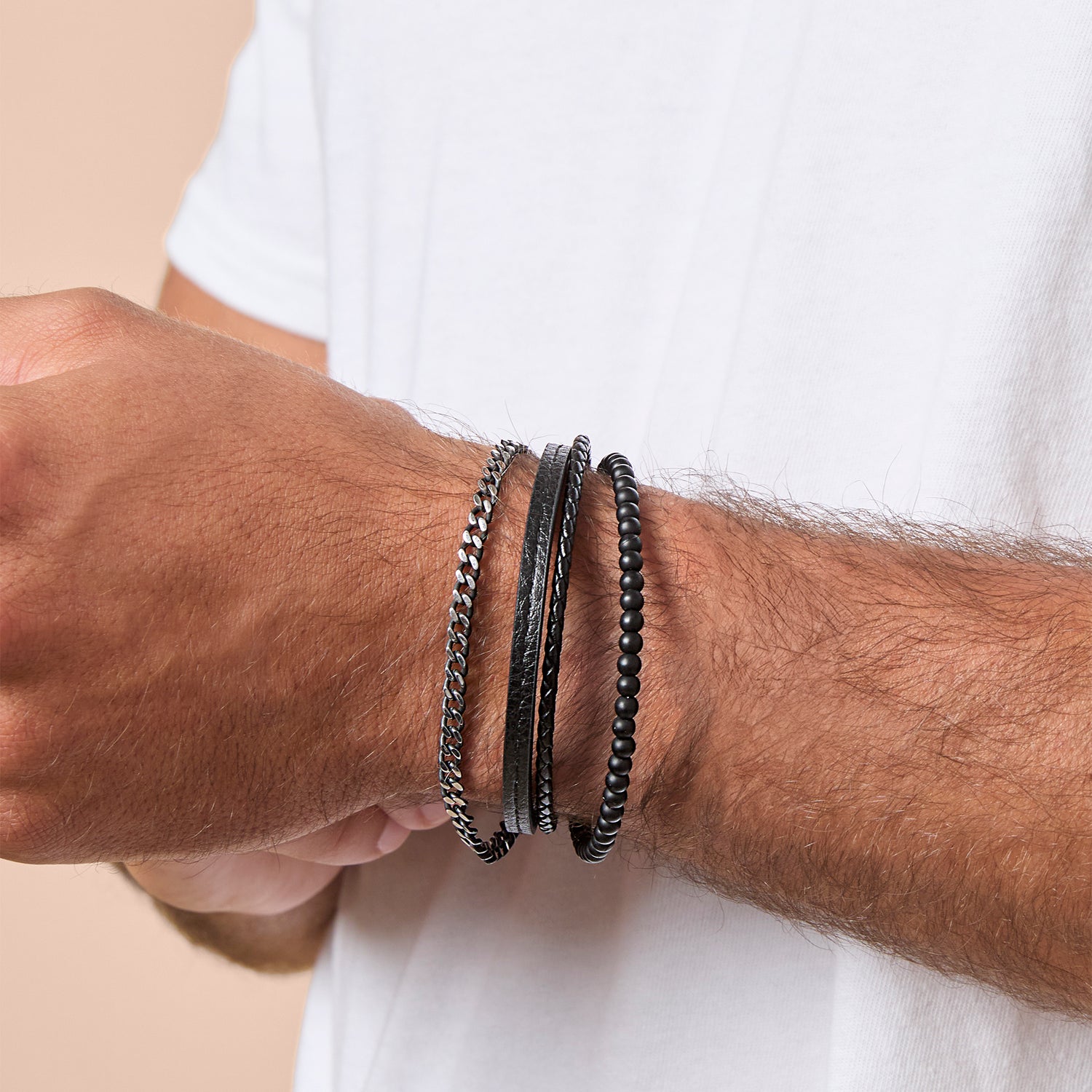 Lucky Brand Mens All Black Beaded Layered Bracelet with Magnetic Clasp