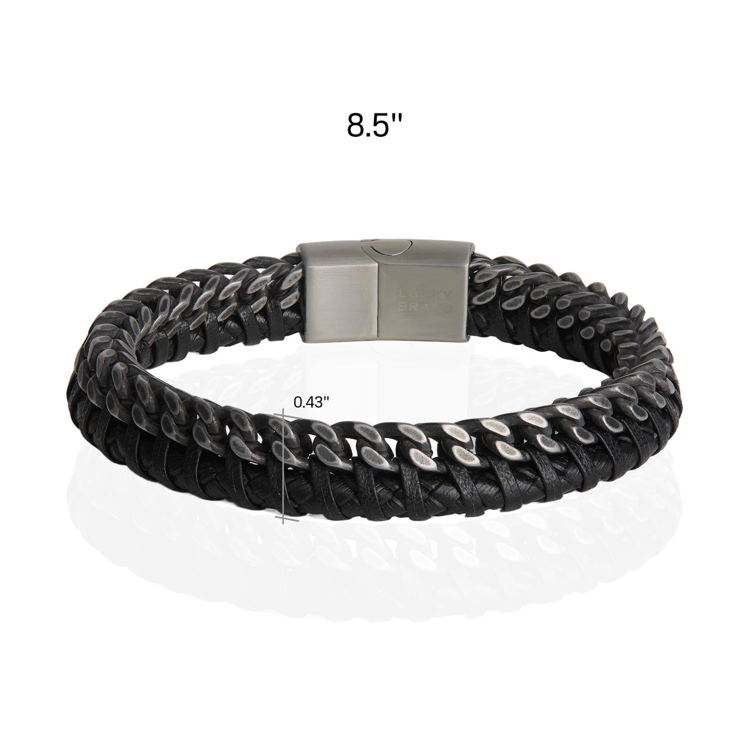 Lucky Brand Mens Bracelet Braided Black Leather and Stainless Steel, 8.25"