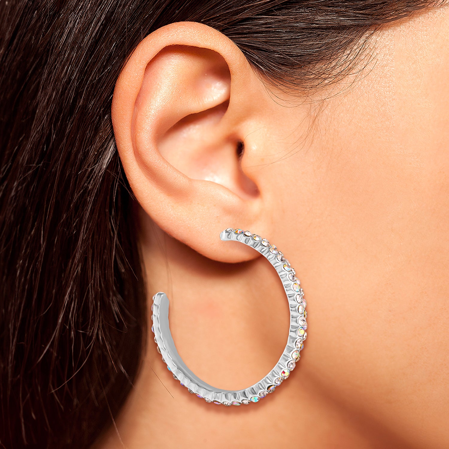 Jessica Simpson Crystal-Embellished Silver-Tone Hoop Earrings – Glamorous Statement Hoops