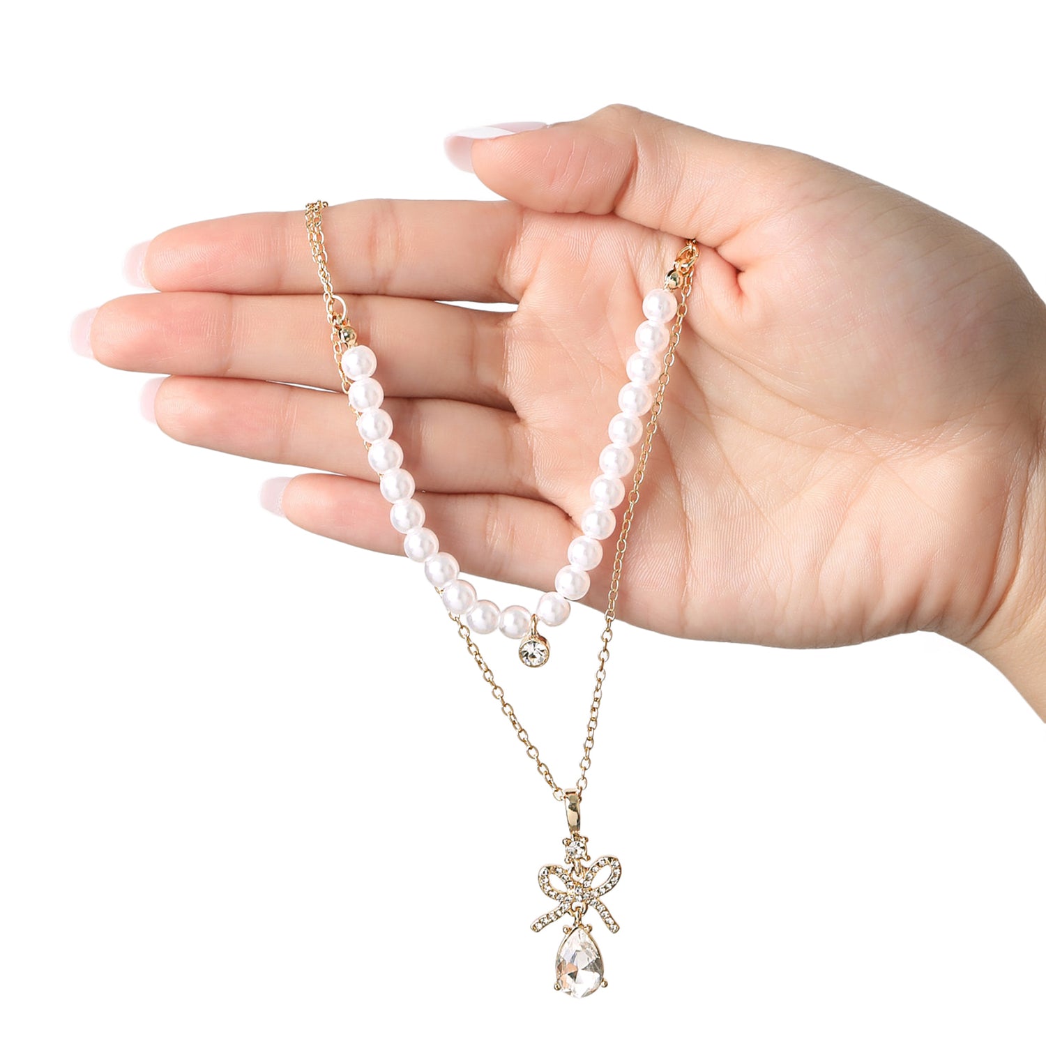 Celebrity Pink Layered Necklaces for Women with Crystal Teardrop Pendant