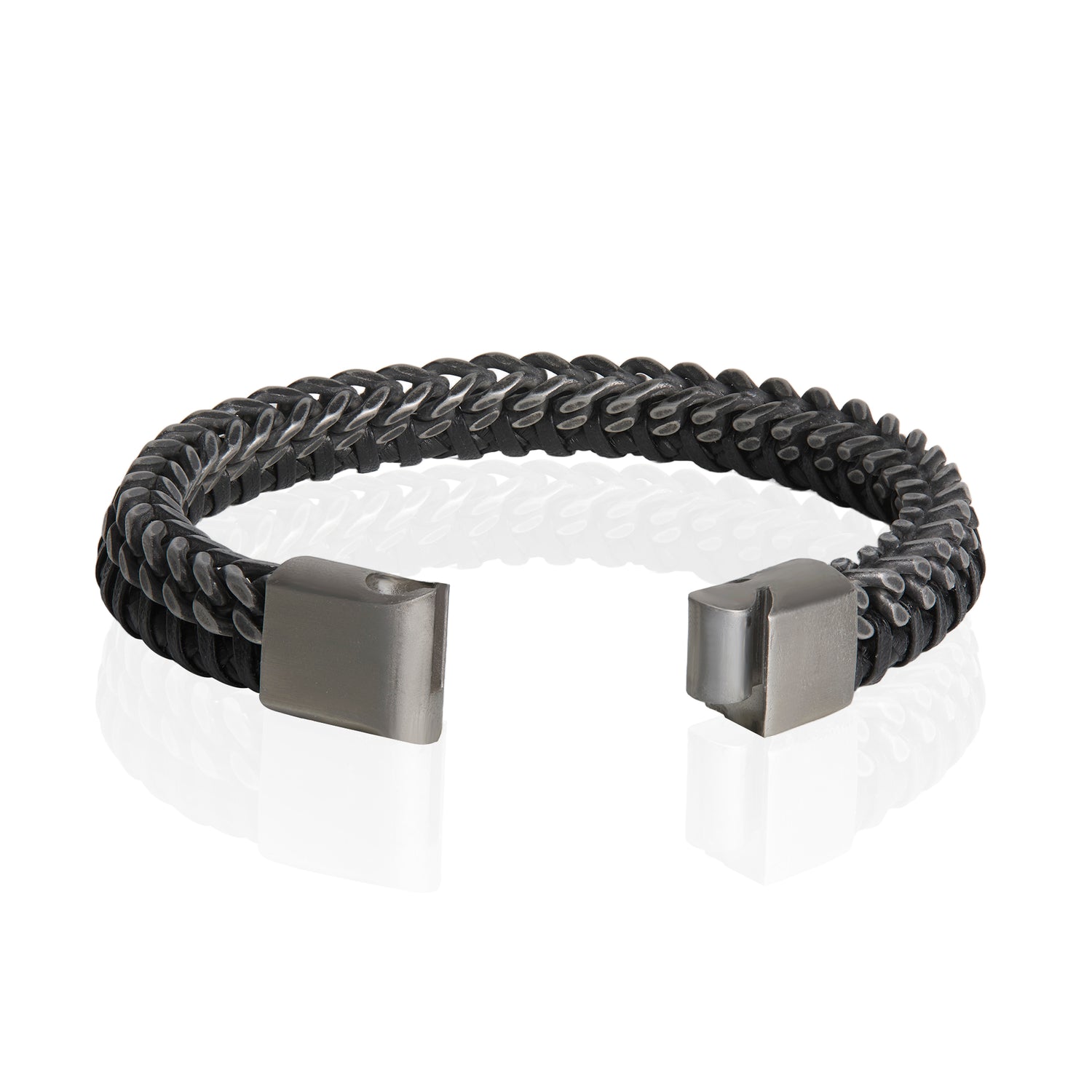 Lucky Brand Mens Bracelet Braided Black Leather and Stainless Steel, 8.25"