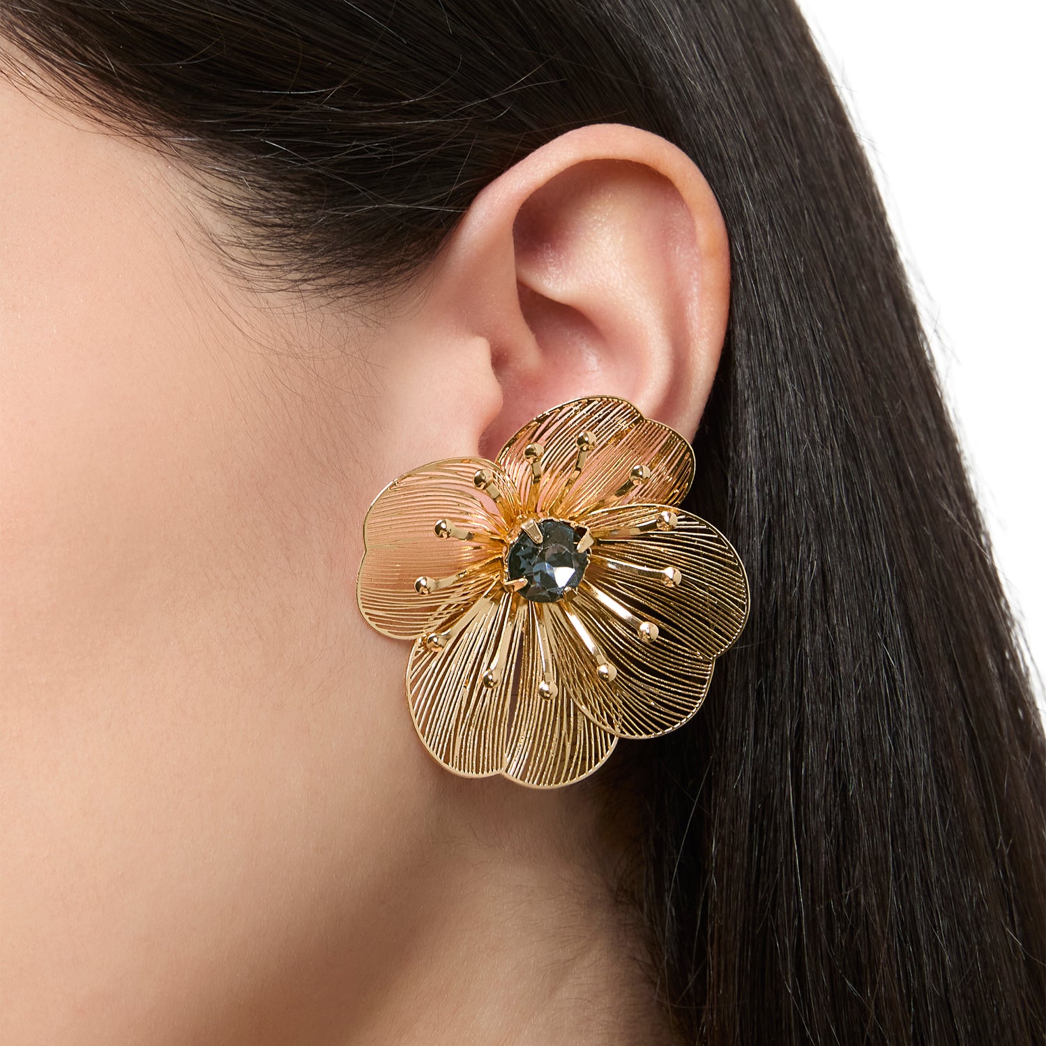 Jessica Simpson Gold-Tone Filigree Flower Stud Earrings with Blue Crystal Center