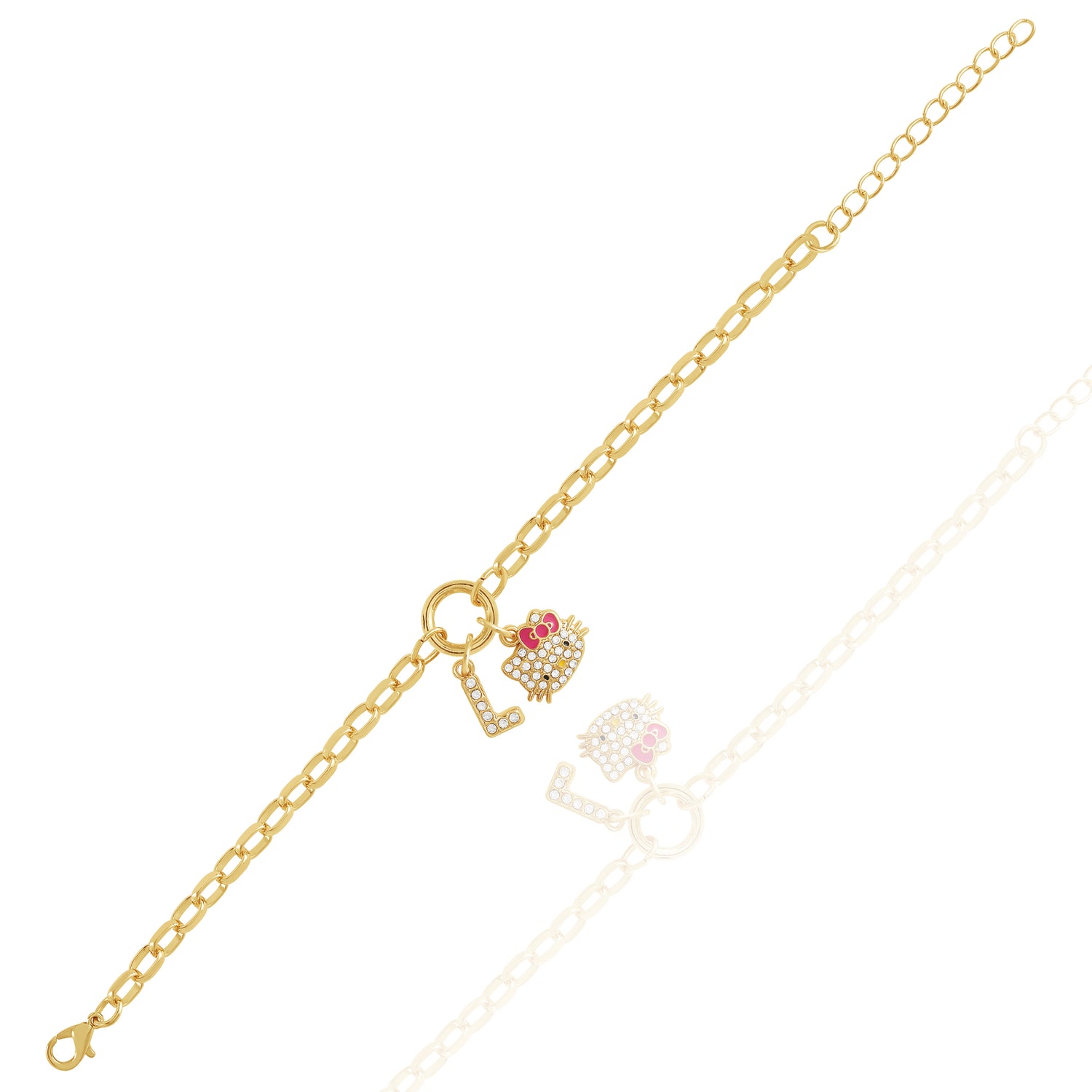 Hello Kitty Initial Crystal Charm Bracelet, Gold‑Tone, Adjustable - L