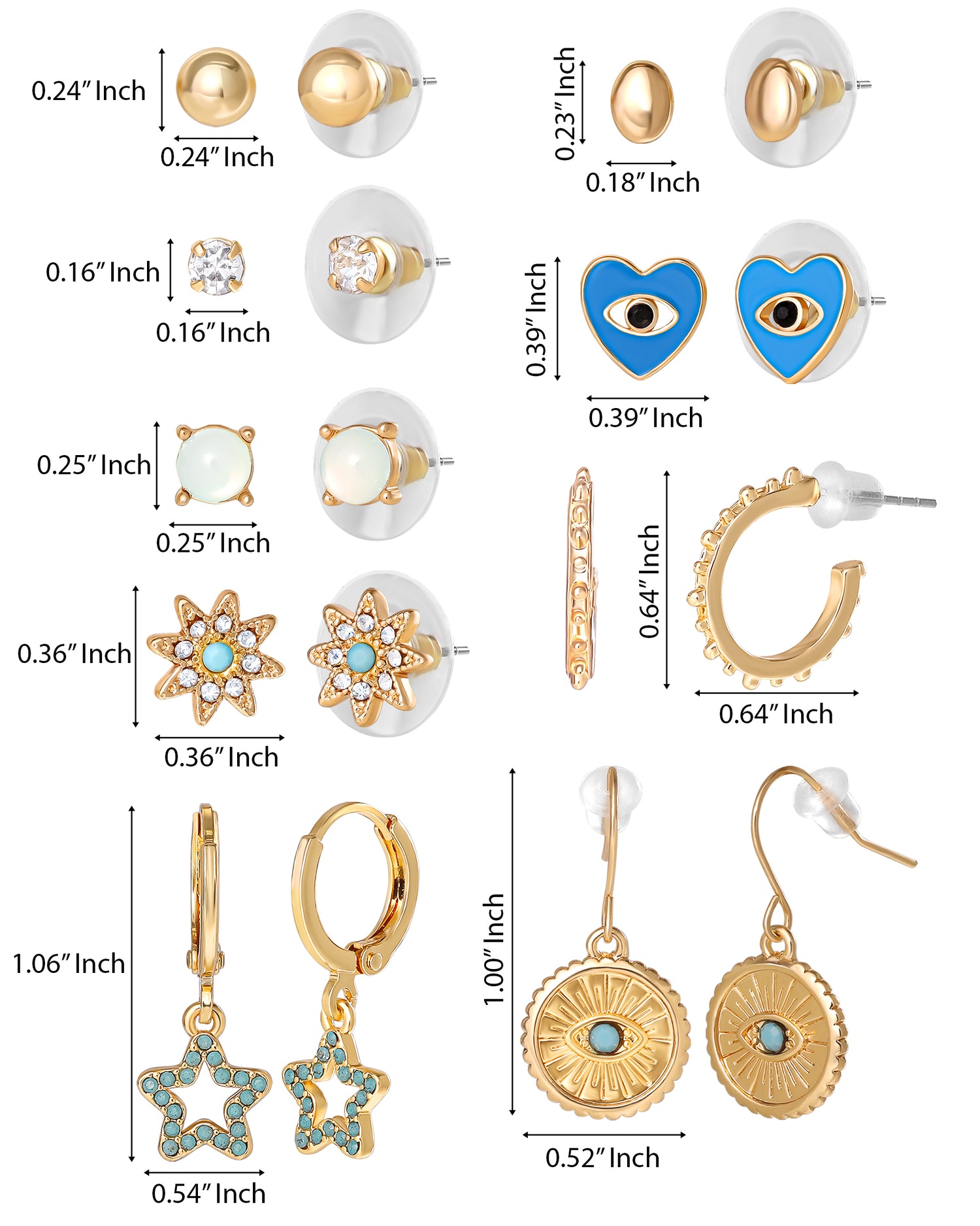 Jessica Simpson Gold-Tone Evil-Eye, Heart & Star Stud & Hoop Earring Set, 9 Pairs