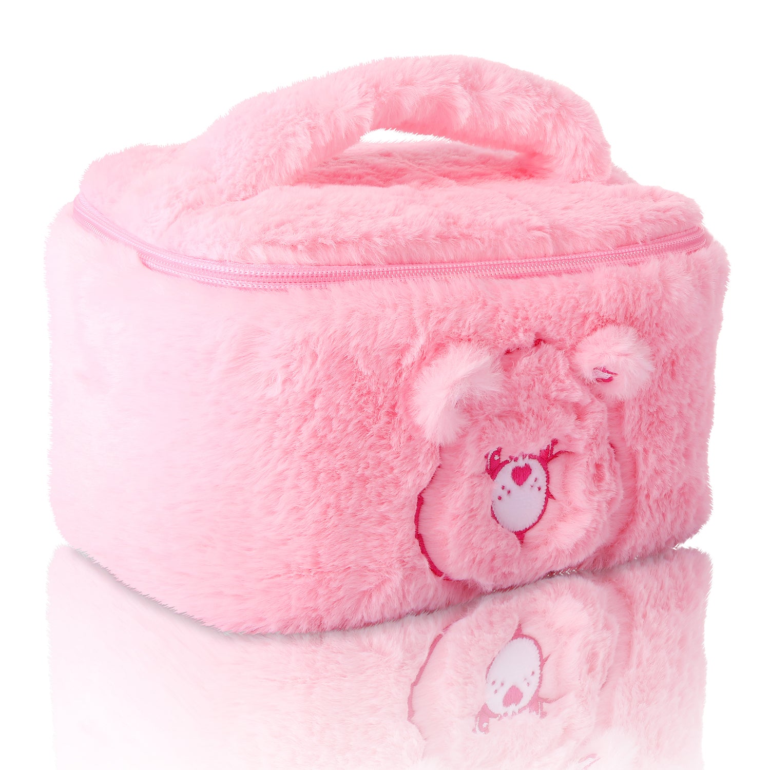 SALLY ROSE Care Bears Fluffy Pink Make Up Bag Official License, Plush Cheer Bear Cosmetic Bag with Zip and Handle, Cute Makeup Bag