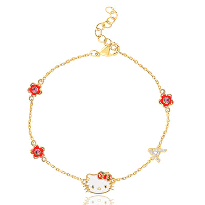 Hello Kitty Sanrio Initial Bracelet, Official License 18k Gold flash plated Cubic Zirconia 6.5" + 1"