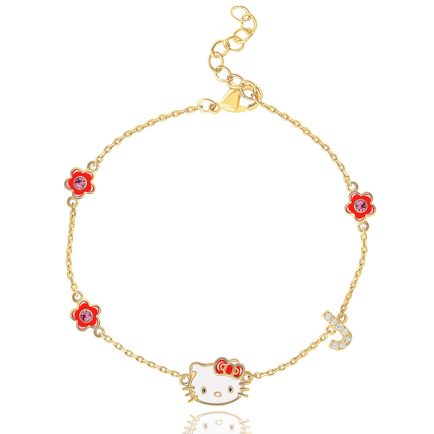 Sanrio Hello Kitty Womens Yellow Gold Plated Letter Bracelet - Cubic Zirconia Initial I Bracelet - Officially Licensed