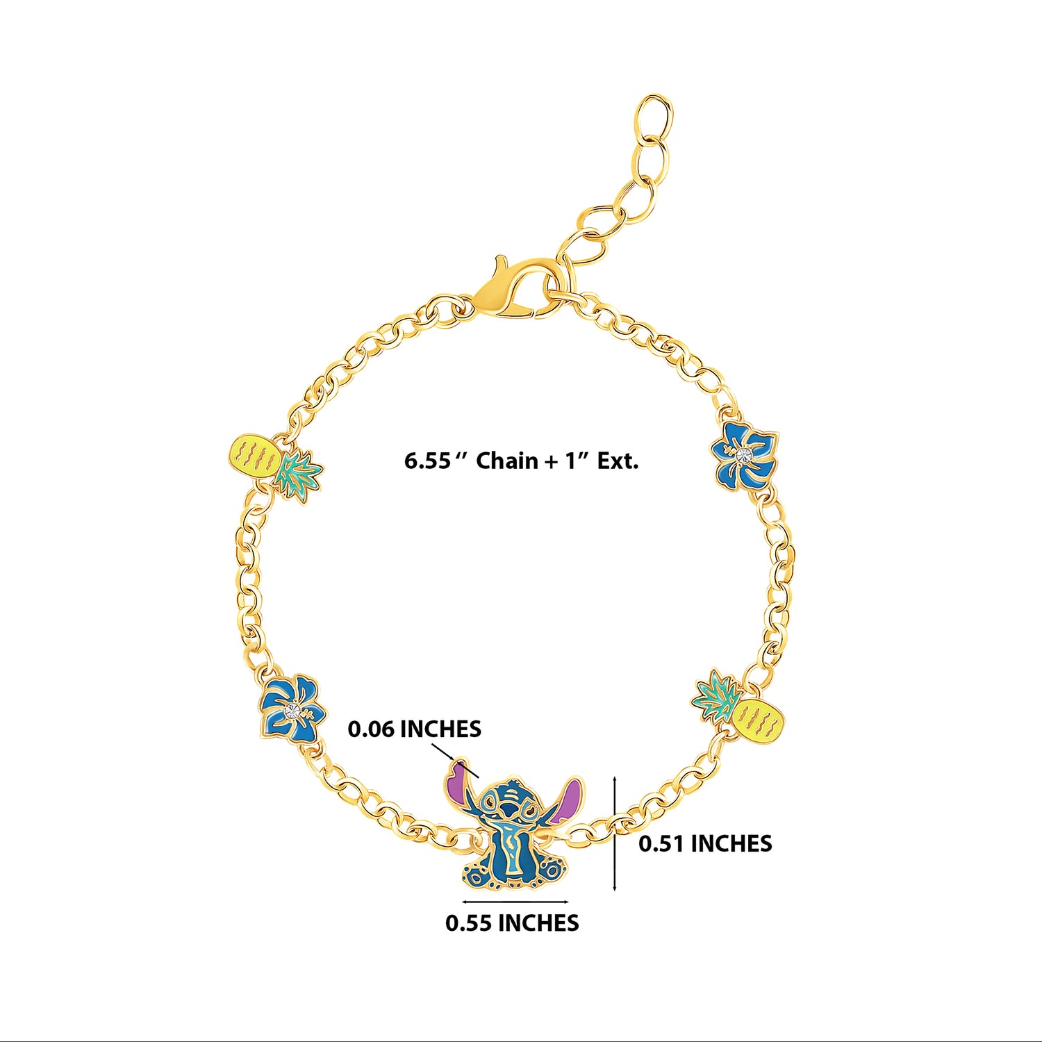 Disney Womens Stitch Bracelet with Station Pendants 6.5 + 1 - Gold Plated  Stitch Jewelry Officially Licensed