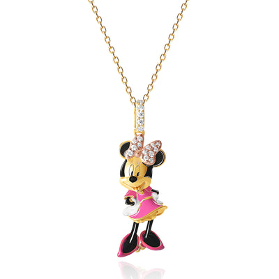 Disney Womens 3D Minnie Mouse Necklace 18", 24kt Gold Plated and Cubic Zirconia Sterling Silver Necklace Official License