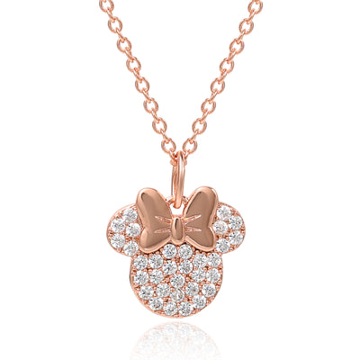 Disney Minnie Mouse Brass Flash Rose Gold Plated CZ Pave Pendant with 16"+2" Chain