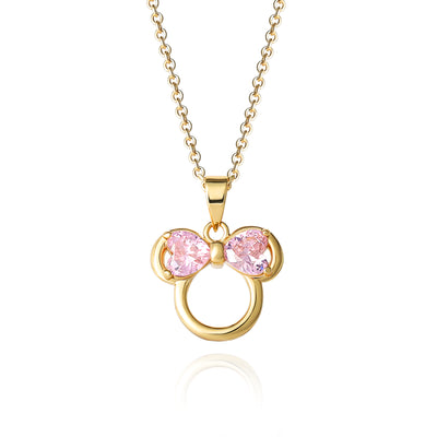 Disney Minnie Mouse Brass Flash Yellow Gold Plated Pink CZ Pendant with 18" Chain